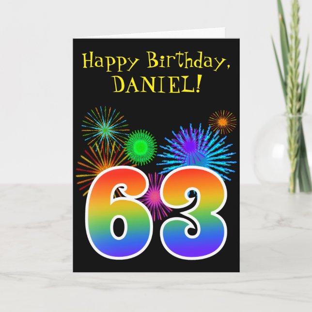 Carte Fun Fireworks + Rainbow Motif "63" Anniversaire # (Devant)
