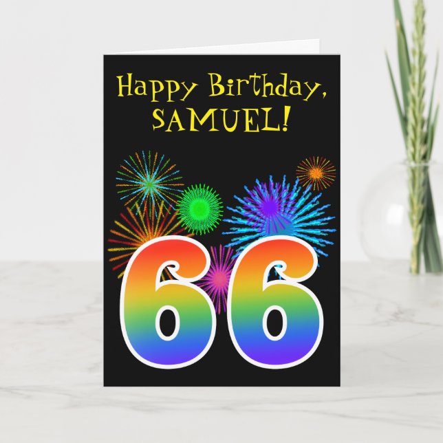 Carte Fun Fireworks + Rainbow Motif "66" Anniversaire # (Devant)