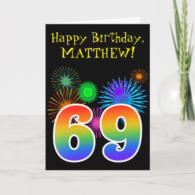 Carte Fun Fireworks + Rainbow Motif "69" Anniversaire # (Devant)