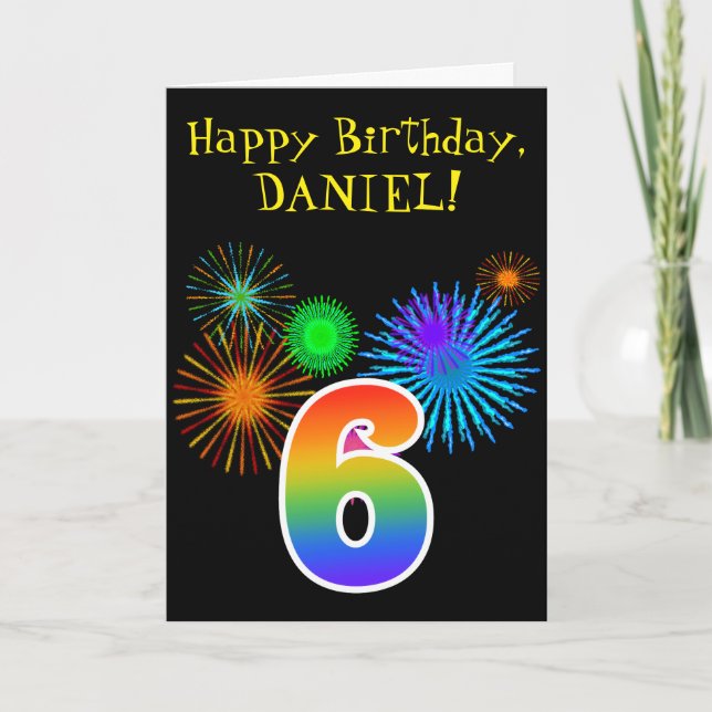 Carte Fun Fireworks + Rainbow Motif "6" Anniversaire # (Devant)
