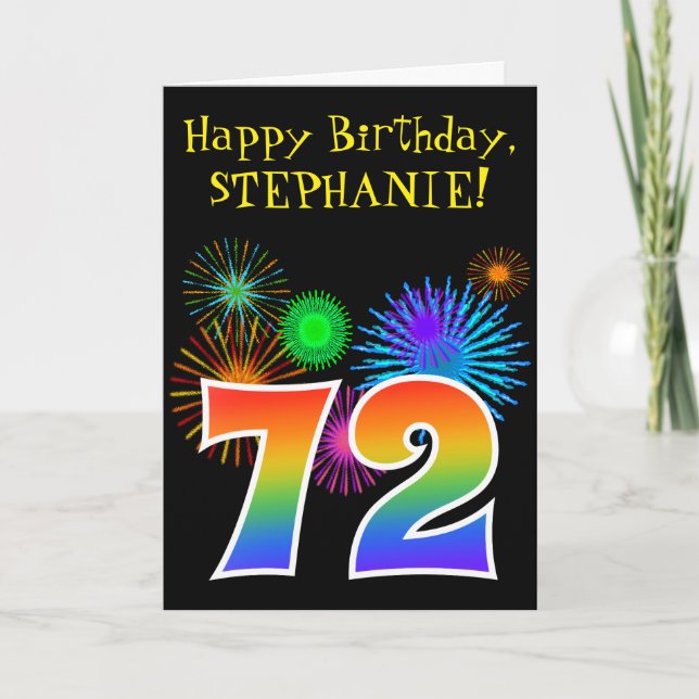 Carte Fun Fireworks + Rainbow Motif "72" Anniversaire # (Devant)