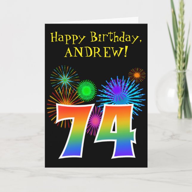 Carte Fun Fireworks + Rainbow Motif "74" Anniversaire # (Devant)