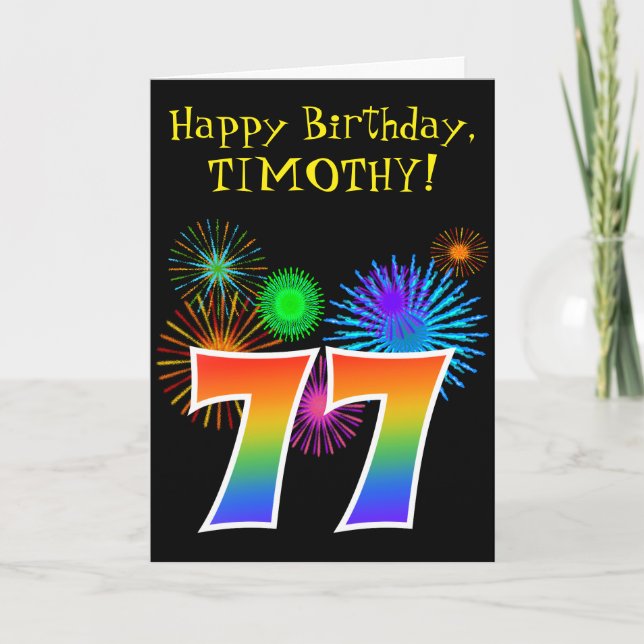 Carte Fun Fireworks + Rainbow Motif "77" Anniversaire # (Devant)