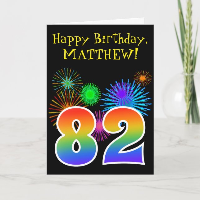 Carte Fun Fireworks + Rainbow Motif "82" Anniversaire # (Devant)