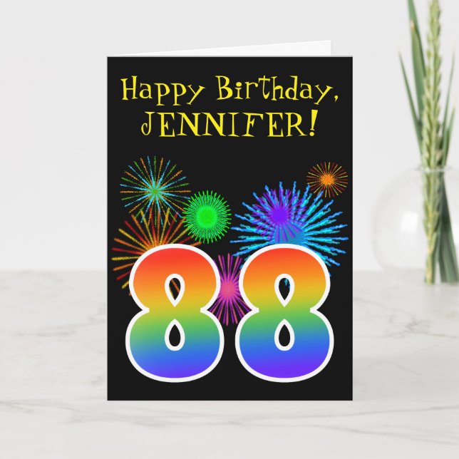 Carte Fun Fireworks + Rainbow Motif "88" Anniversaire # (Devant)