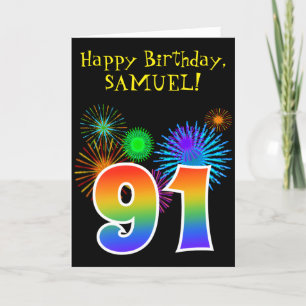 Carte Fun Fireworks + Rainbow Motif "91" Anniversaire #