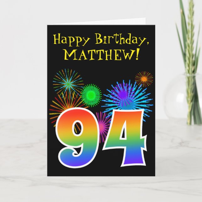 Carte Fun Fireworks + Rainbow Motif "94" Anniversaire # (Devant)
