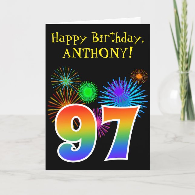 Carte Fun Fireworks + Rainbow Motif "97" Anniversaire # (Devant)