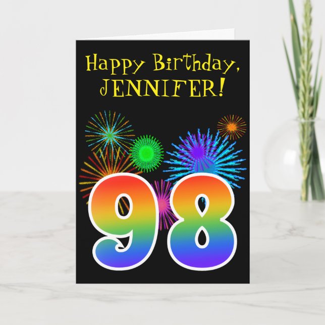 Carte Fun Fireworks + Rainbow Motif "98" Anniversaire # (Devant)