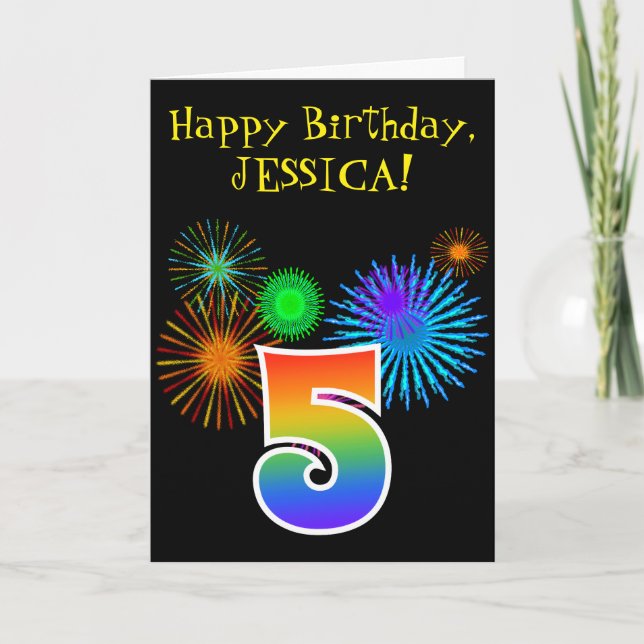 Carte Fun Fireworks + Rainbow Pattern "5" Birthday # (Devant)