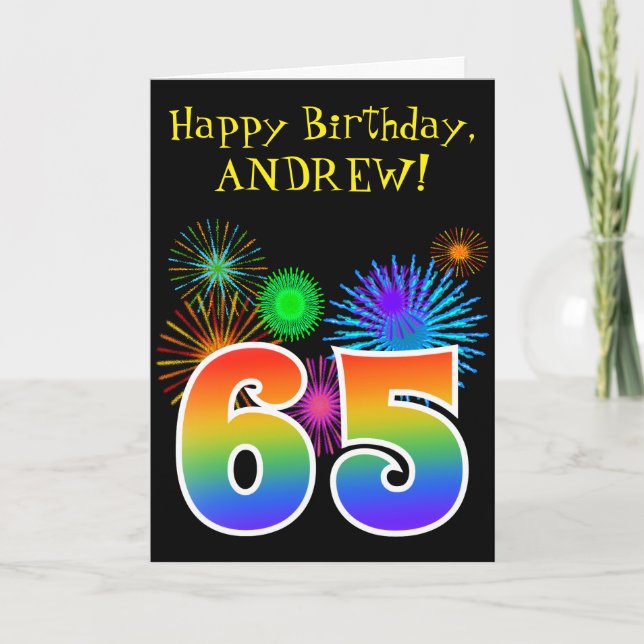 Carte Fun Fireworks + Rainbow Pattern "65" Birthday # (Devant)