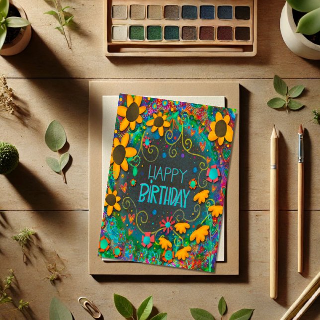 Carte Fun Floral Daisies tendance Anniversaire, Colorée (Créateur téléchargé)