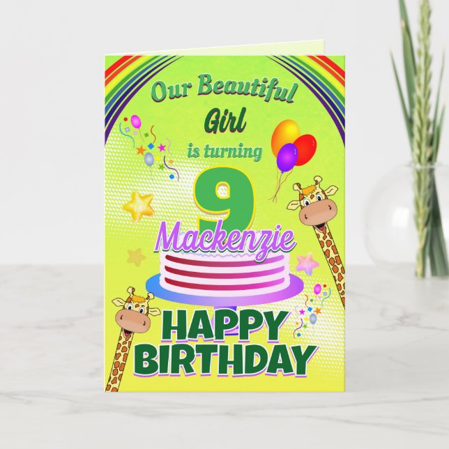 Carte FUN GREEN Joyeux 9e anniversaire Giraffes et ballo (Devant)
