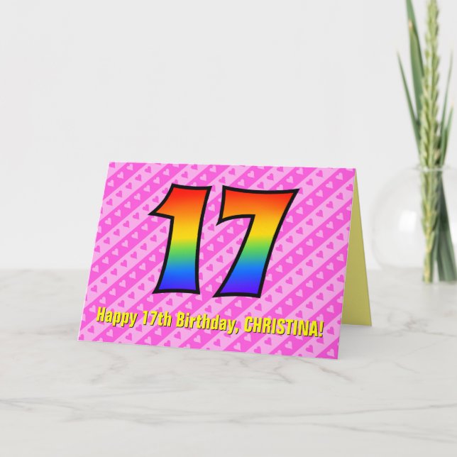 Carte Fun Pink Stripes, Hearts, Rainbow # 17th Birthday (Devant)