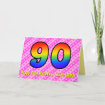Carte Fun Pink Stripes, Hearts, Rainbow # 90th Birthday<br><div class="desc">This festive and happy 90th birthday greeting card design has a front featuring a large number "90" having a colorful pattern inspired by the look of a rainbow spectrum, on a dark pink and light pink heart shapes striped pattern background. The front also features the message "Happy 90th Birthday, ",...</div>