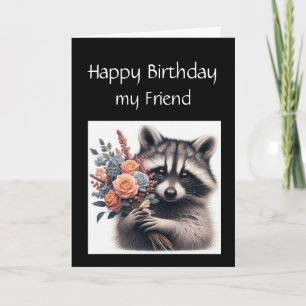 Carte Fun Raccoon Ami Fleurs d'anniversaire
