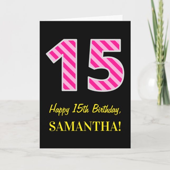 Carte Fun rose rayé "15"; Joyeux 15e anniversaire; Nom (Devant)