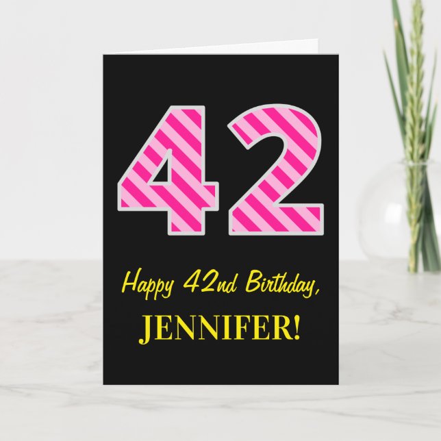 Carte Fun rose rayé "42"; Joyeux 42e anniversaire; Nom (Devant)