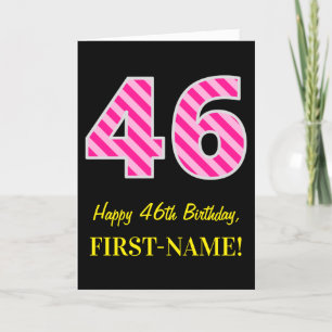 Carte Fun rose rayé "46"; Joyeux 46e anniversaire; Nom