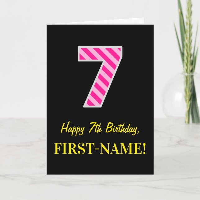 Carte Fun rose rayé "7"; Joyeux 7e anniversaire; Nom (Devant)