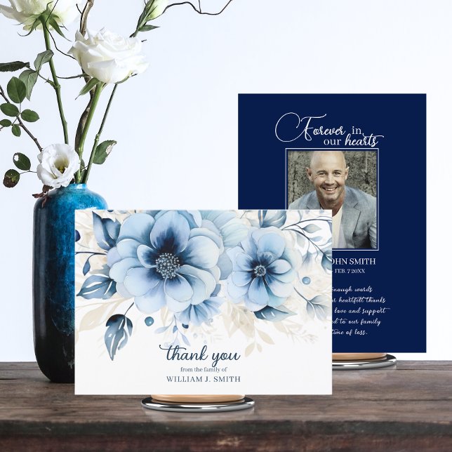 Carte Funérailles Amour Mémoire Bleu Marine MERCI | PHOT (Funeral In Loving Memory Blue Navy THANK YOU with PHOTO. Watercolor flowers.)