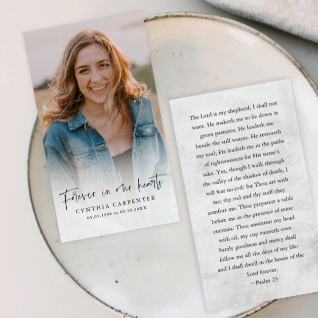 Carte funéraire commémorative pour toujours dans n (Simple typography photo overlay forever in our hearts memorial cards.)