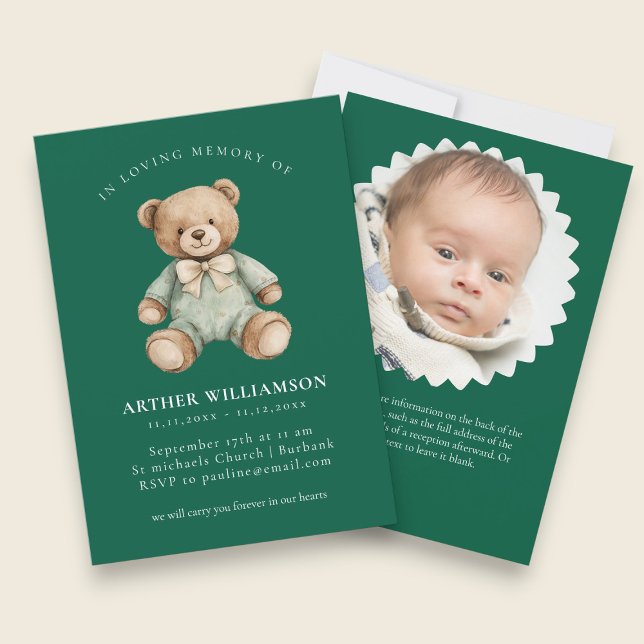 Carte funéraire enfant ourson vert en souvenir  (Créateur téléchargé)