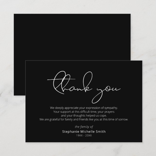 Carte funéraire Merci Sympathie de script moderne (Devant / Derrière)