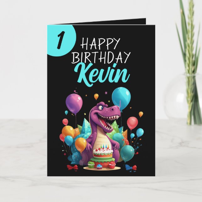 Carte Funky Black et Turquoise Trex Boy 1er anniversaire (Devant)