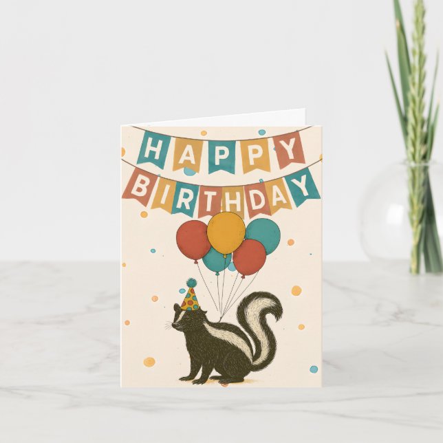 Carte Funky Skunk Birthday Card - Ballons & Casquette de (Devant)