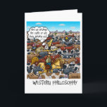 Carte Funny Birthday card avec Western Philosophy<br><div class="desc">Un cow-boy au milieu d'une conduite de bétail réfléchit à la question philosophique : "Est-ce que nous conduisons le bétail ou est-ce qu'ils nous conduisent ?" Grand et drôle cadeau pour les éleveurs,  les cow-boys,  les fermiers et les fans de vaches mignonnes. Joyeux Cowboy d'anniversaire !</div>