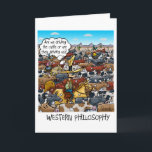 Carte Funny Birthday card avec Western Philosophy<br><div class="desc">Un cow-boy au milieu d'une conduite de bétail réfléchit à la question philosophique : "Est-ce que nous conduisons le bétail ou est-ce qu'ils nous conduisent ?" Grand et drôle cadeau pour les éleveurs,  les cow-boys,  les fermiers et les fans de vaches mignonnes. Joyeux Cowboy d'anniversaire !</div>