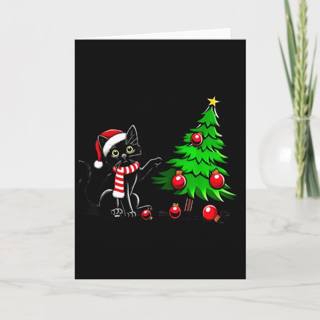 Carte Funny Black Cat Pushing Christmas Tree Over Cat Wh (Devant)
