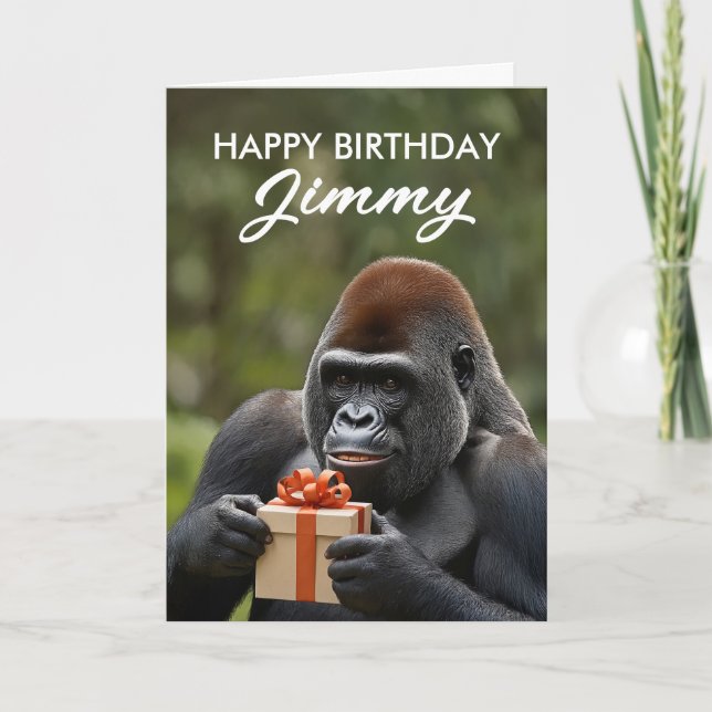 Carte Funny Black Gorilla tenant un cadeau Anniversaire (Devant)