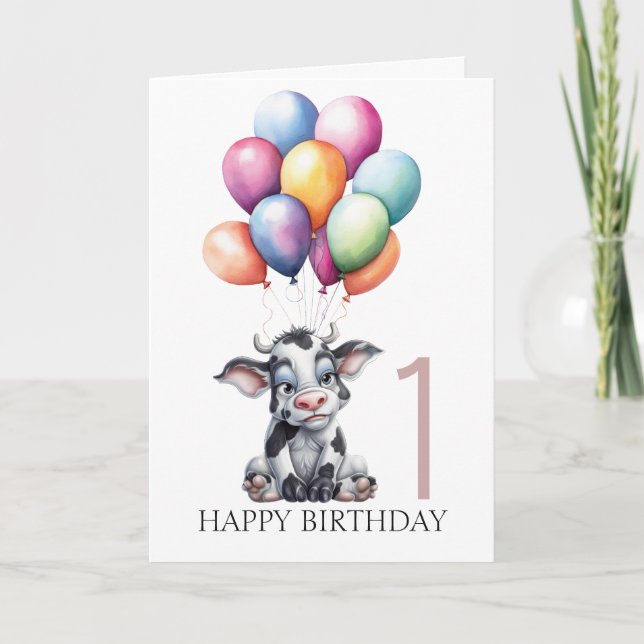 Carte FUNNY Blue Cow 1er anniversaire (Devant)