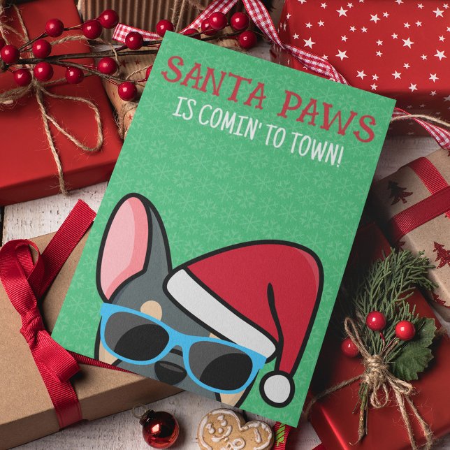 Carte Funny Blue Tan Frenchie Père Noël Paws Noël (Créateur téléchargé)