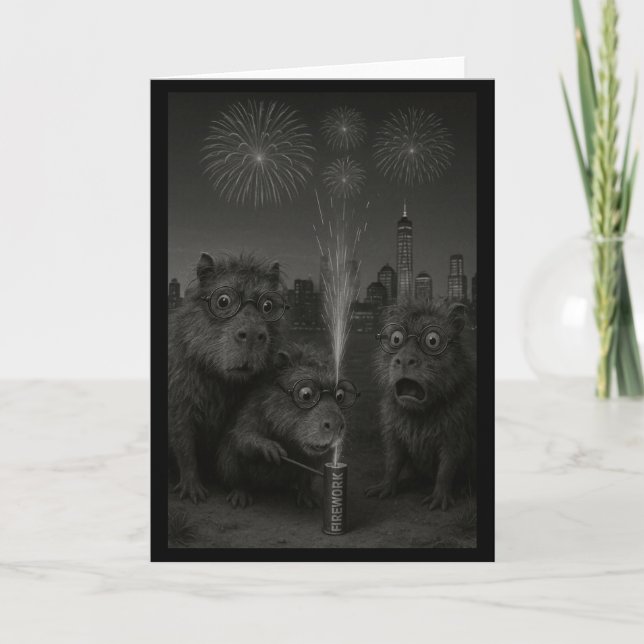 Carte Funny Capybara Feux d'Artifice Bonne Année Manches (Devant)
