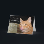 Carte Funny cat Birthday<br><div class="desc">Orange tabby cat licks his chops at a birthday cake Phobithday card card. Text can be changed or removed with the CUSTOMIZE button.</div>