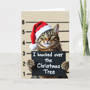 Carte Funny Cat Mugshot Christmas Card Tree Knocker