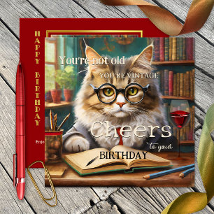Carte Funny Cat Red Wine Books Anniversaire