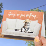 Carte Funny Cat Wearing a Sun Hat on a Couch Birthday<br><div class="desc">This template card cover features a funny gray and white cat sitting on a white couch wearing a sun hat. Personalize the template text on the cover and inside greeting with your text, delete the text or edit using the design too and select a font color, style, and size you...</div>