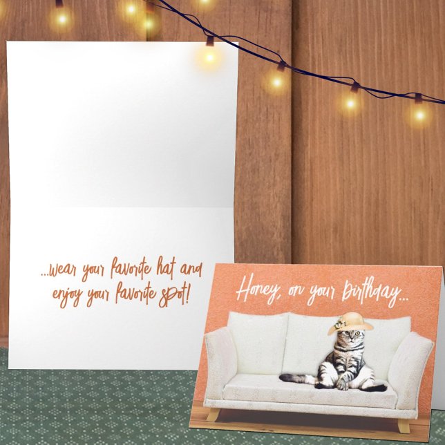 Carte Funny Cat Wearing a Sun Hat on a Couch Birthday (Template greeting card cover and inside. )