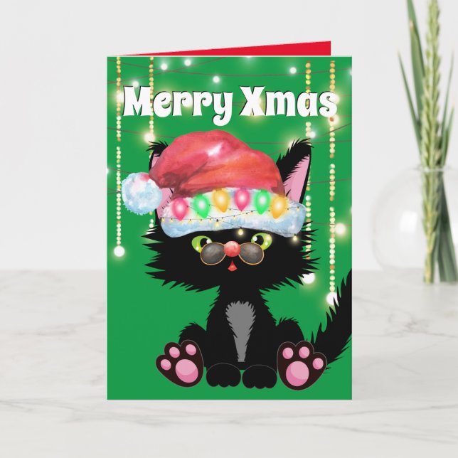 Carte Funny chat noir Santa chapeau feu humour (Devant)