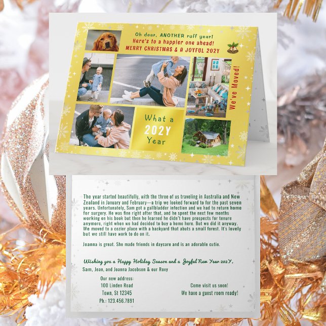 Carte Funny Chien ruff année Nous avons déplacé 6 Photos (Funny dog Ruff year Christmas card. 6 Photos. Peace, love, joy. We've Moved. Elegant, golden. Snow)