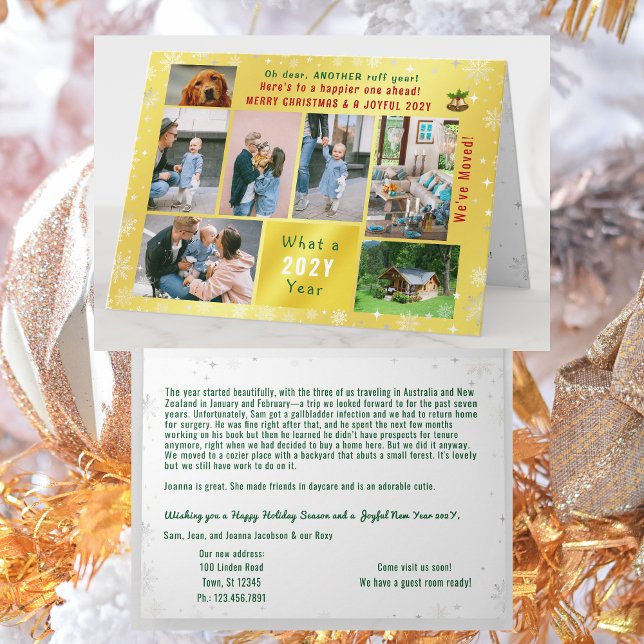 Carte Funny Chien ruff année Nous avons déplacé 7 Photos (Funny dog Ruff year Christmas card. 7 Photos. Peace, love, joy. We've Moved. Elegant, golden. Snow)