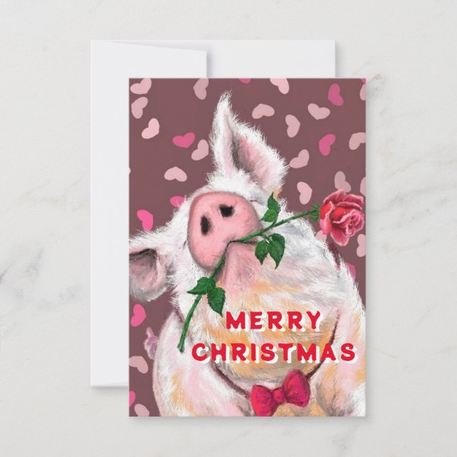 Carte Funny Christmas Card Gentleman Pig avec Rose (Devant)