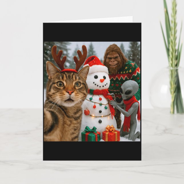 Carte Funny Christmas Cat Selfie With Bigfoot Alien &amp (Devant)