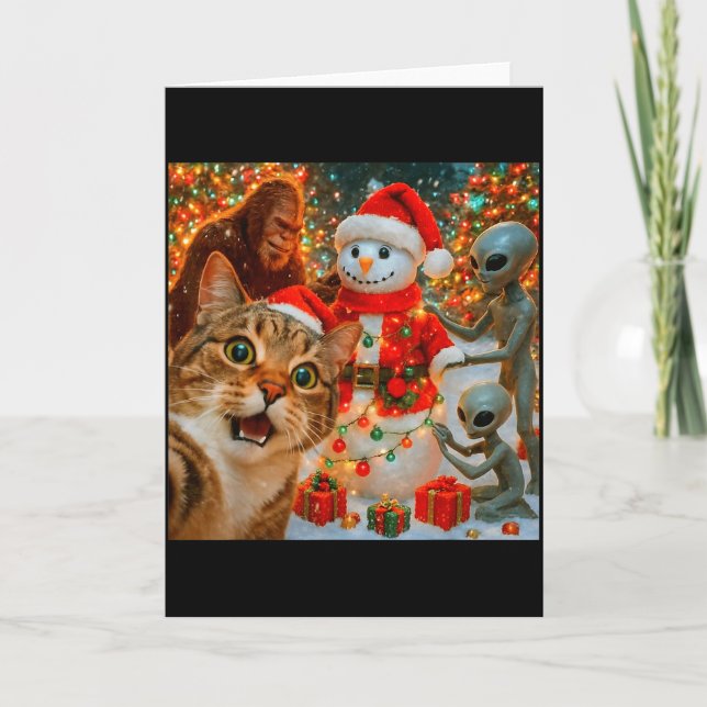 Carte Funny Christmas Cat Selfie With Bigfoot Alien &amp (Devant)