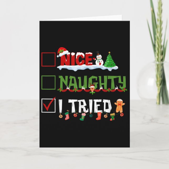Carte Funny Christmas Pajama Lights Nice Naughty I Tried (Devant)