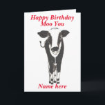 Carte Funny Cow Birthday Card, ajouter un nom, modifier<br><div class="desc">Joyeux Anniversaire Moo You. Une jolie vache avec sa langue dehors. Ajoutez un nom à l'avant,  vous pouvez également modifier le salutation. A l'intérieur,  la vache se régale d'un roulis sur le dos. Modifier ou ajouter au message interne.</div>